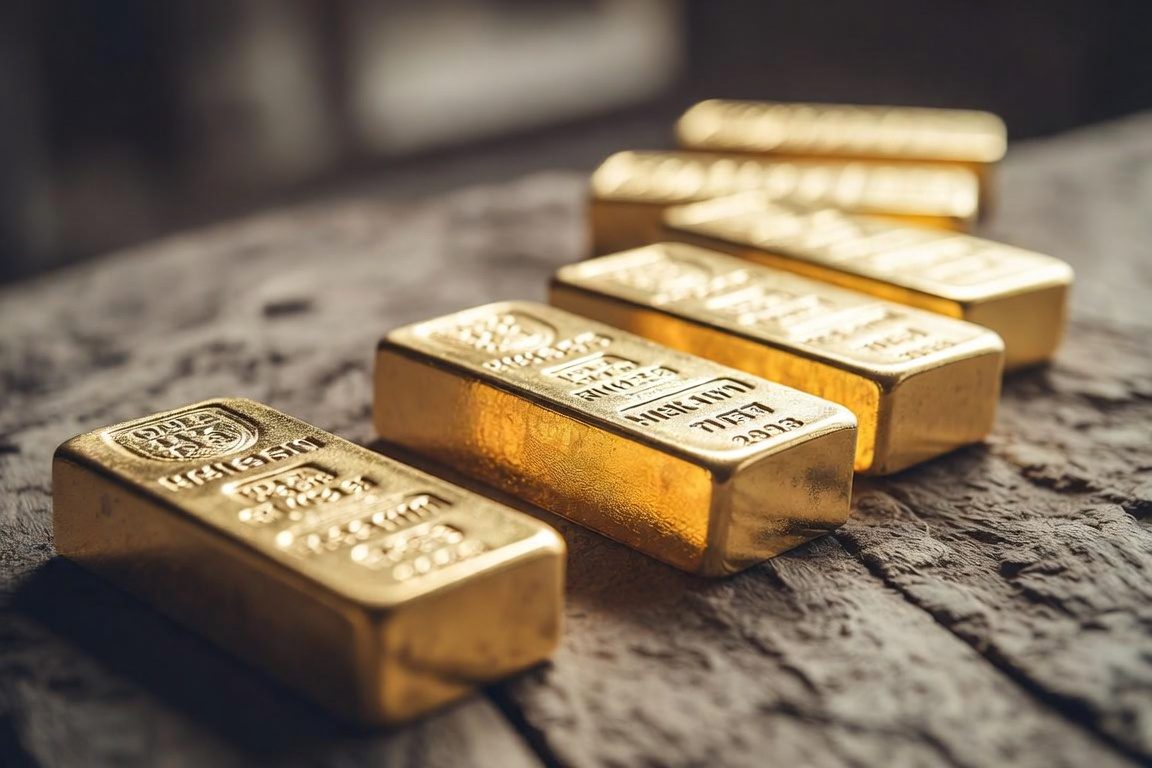 Lingotti d'oro su superficie di pietra, luce calda