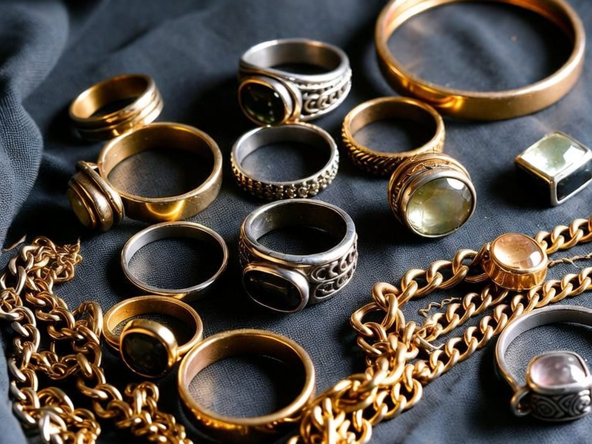 Anelli, catene e gemme d'oro e d'argento su tessuto scuro